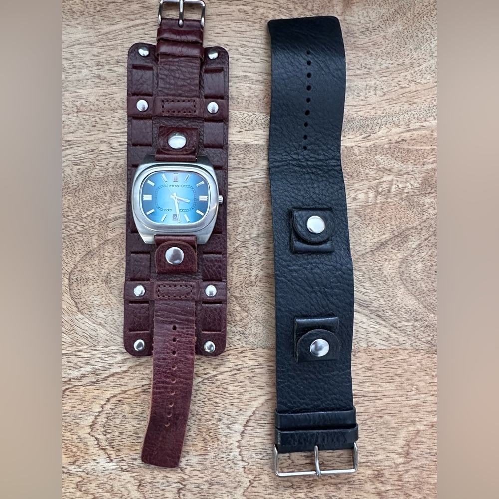 Fossil Women's Watch with Blue Dial and Brown Leather Strap